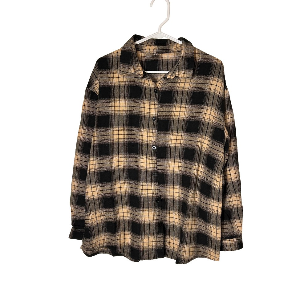 Mens SHEIN Plaid Flannel Shirt Long Sleeve Button Up Casual Top Size M Tan Black